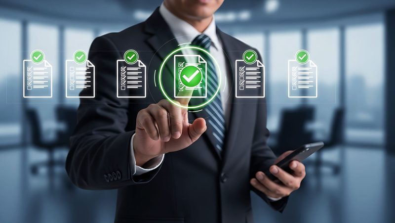 Business leader reviewing a digital compliance checklist and approved governance documents