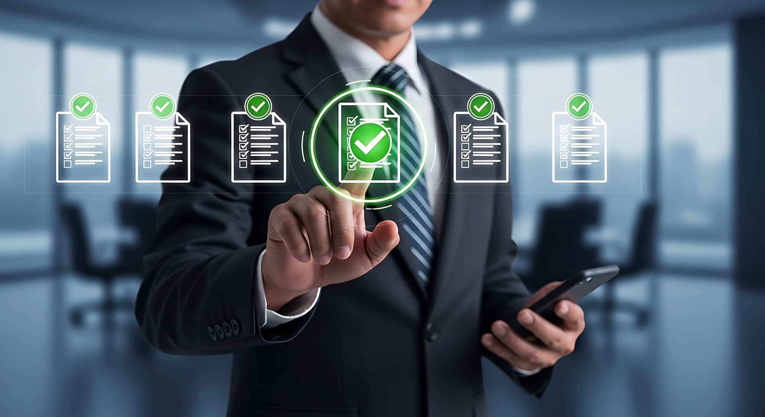 Business leader reviewing a digital compliance checklist and approved governance documents
