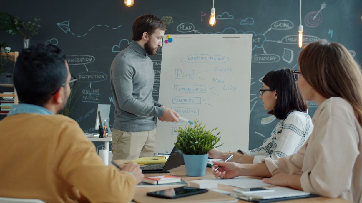 Team mapping an AI opportunity workflow on a whiteboard