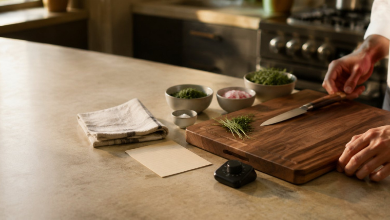 A chef organizing ingredients before cooking