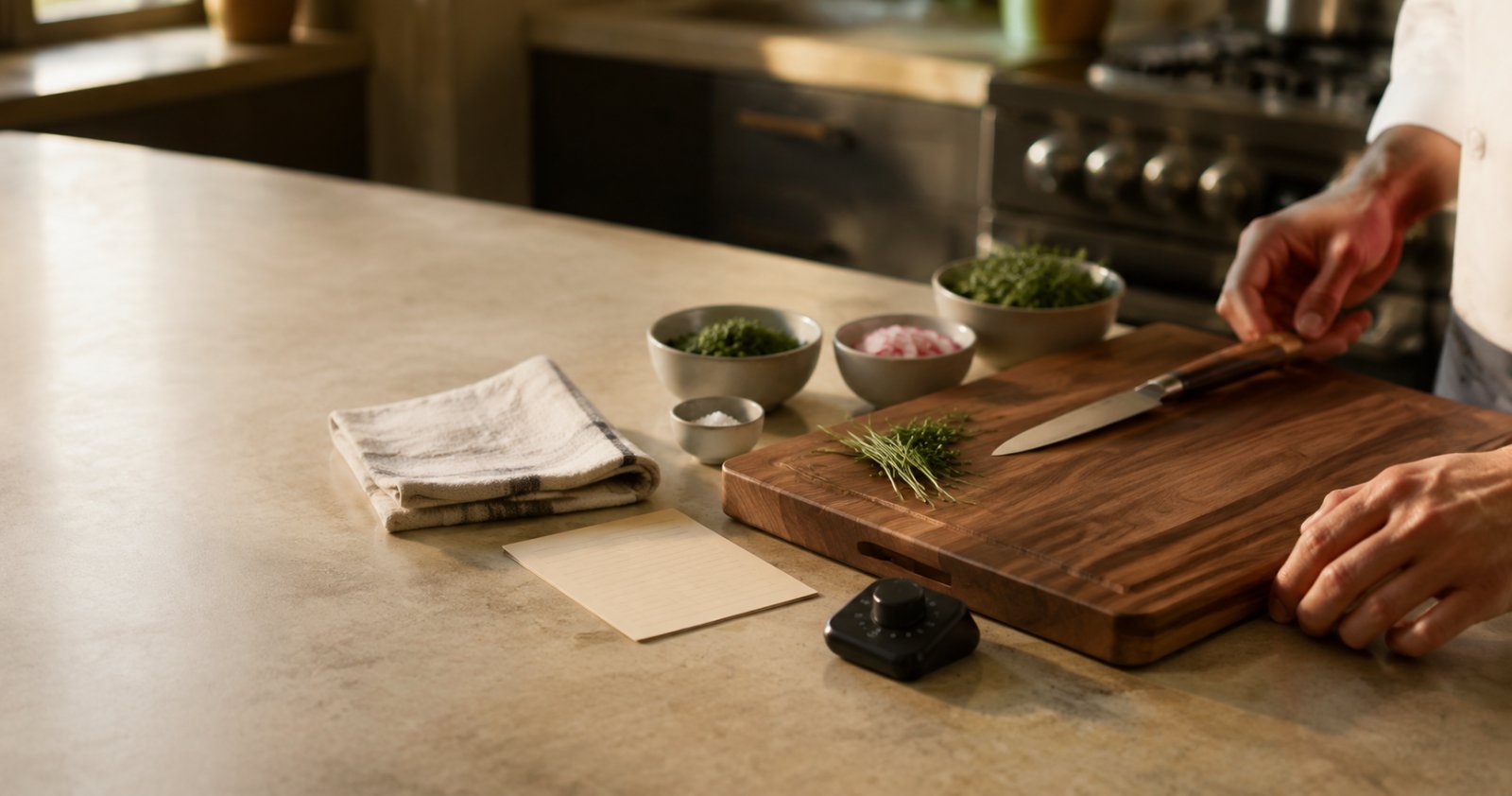 A chef organizing ingredients before cooking