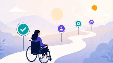Illustration of a woman using a wheelchair on a winding path toward milestone markers, symbolizing accessibility as an ongoing journey rather than a single finish line.