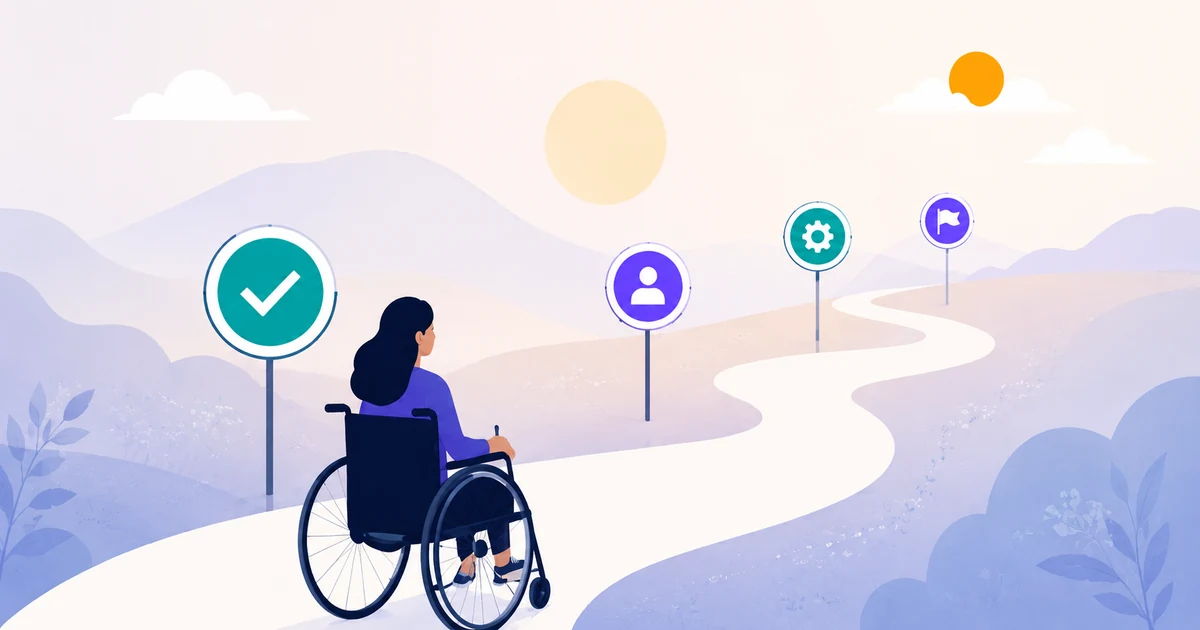 Illustration of a woman using a wheelchair on a winding path toward milestone markers, symbolizing accessibility as an ongoing journey rather than a single finish line.