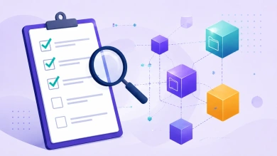 Illustration of a checklist on a clipboard with a magnifying glass, connected to a network of data and file icons, symbolizing an AI inventory audit process.