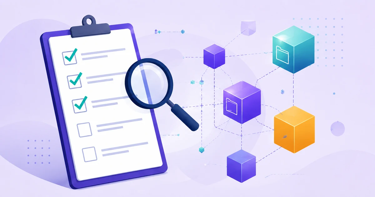 Illustration of a checklist on a clipboard with a magnifying glass, connected to a network of data and file icons, symbolizing an AI inventory audit process.