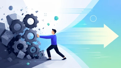 Illustration of a person pushing away a wall of large mechanical gears, breaking free into an open gradient arrow pointing forward.