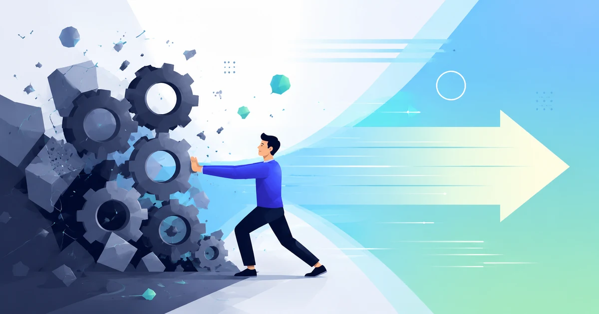 Illustration of a person pushing away a wall of large mechanical gears, breaking free into an open gradient arrow pointing forward.