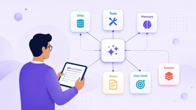 Illustration of a person holding a tablet, surrounded by connected icons labeled Data, Tools, Memory, Rules, User Goal, and System, representing context engineering.