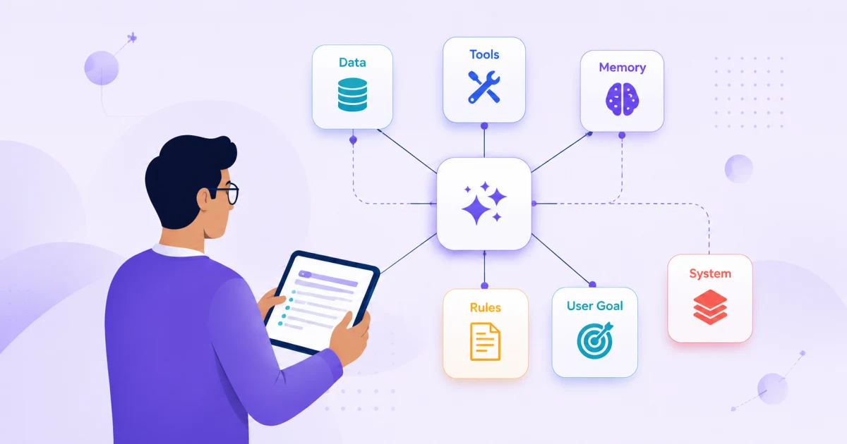 Illustration of a person holding a tablet, surrounded by connected icons labeled Data, Tools, Memory, Rules, User Goal, and System, representing context engineering.