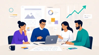 Illustration of a team of four professionals collaborating around a laptop with wireframes, charts, and product design elements on the wall behind them.