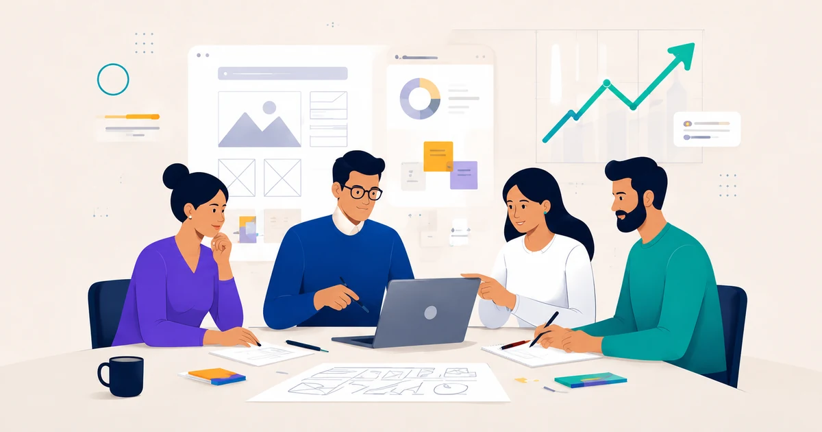 Illustration of a team of four professionals collaborating around a laptop with wireframes, charts, and product design elements on the wall behind them.