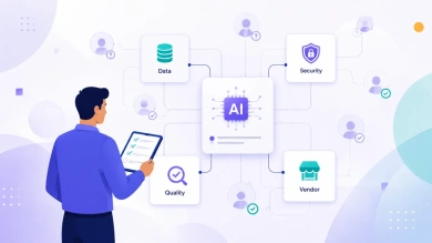 Illustration of a person reviewing a network diagram with a central AI icon connected to four risk domains: data, security, quality, and vendor