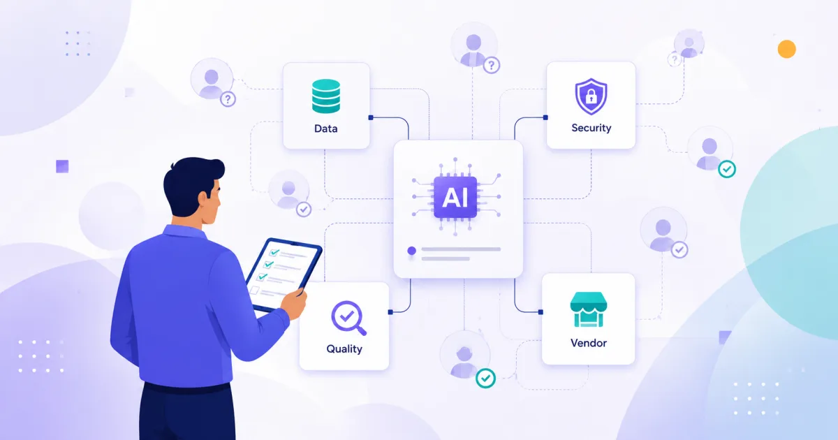 Illustration of a person reviewing a network diagram with a central AI icon connected to four risk domains: data, security, quality, and vendor